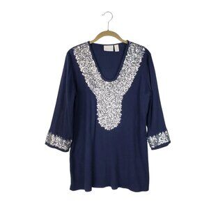 Chicos Navy Blue Cotton Gauze Tunic Top Silver Sequin Party Occasion Womens 1/M